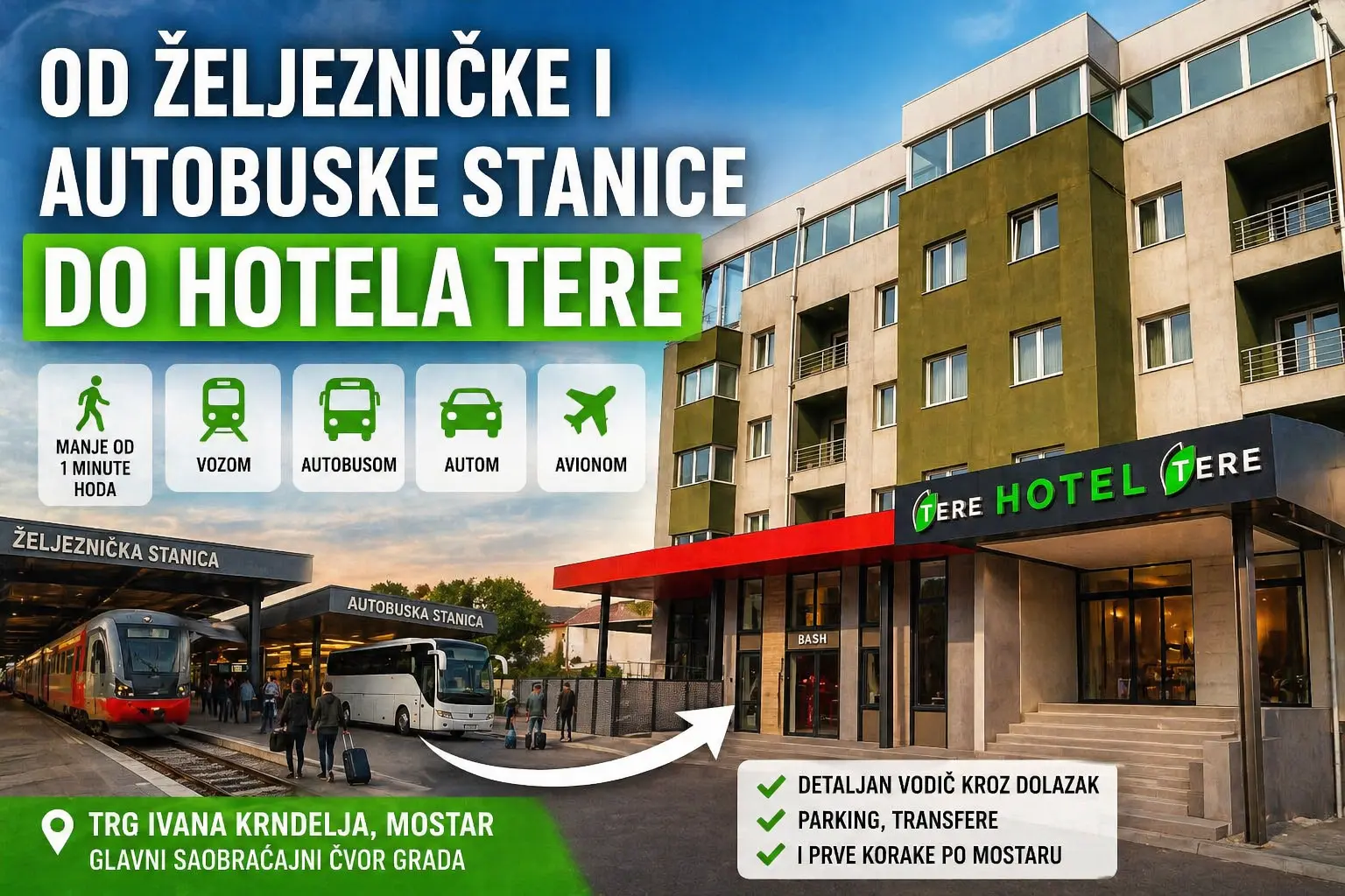Od željezničke i autobuske stanice do Hotela Tere